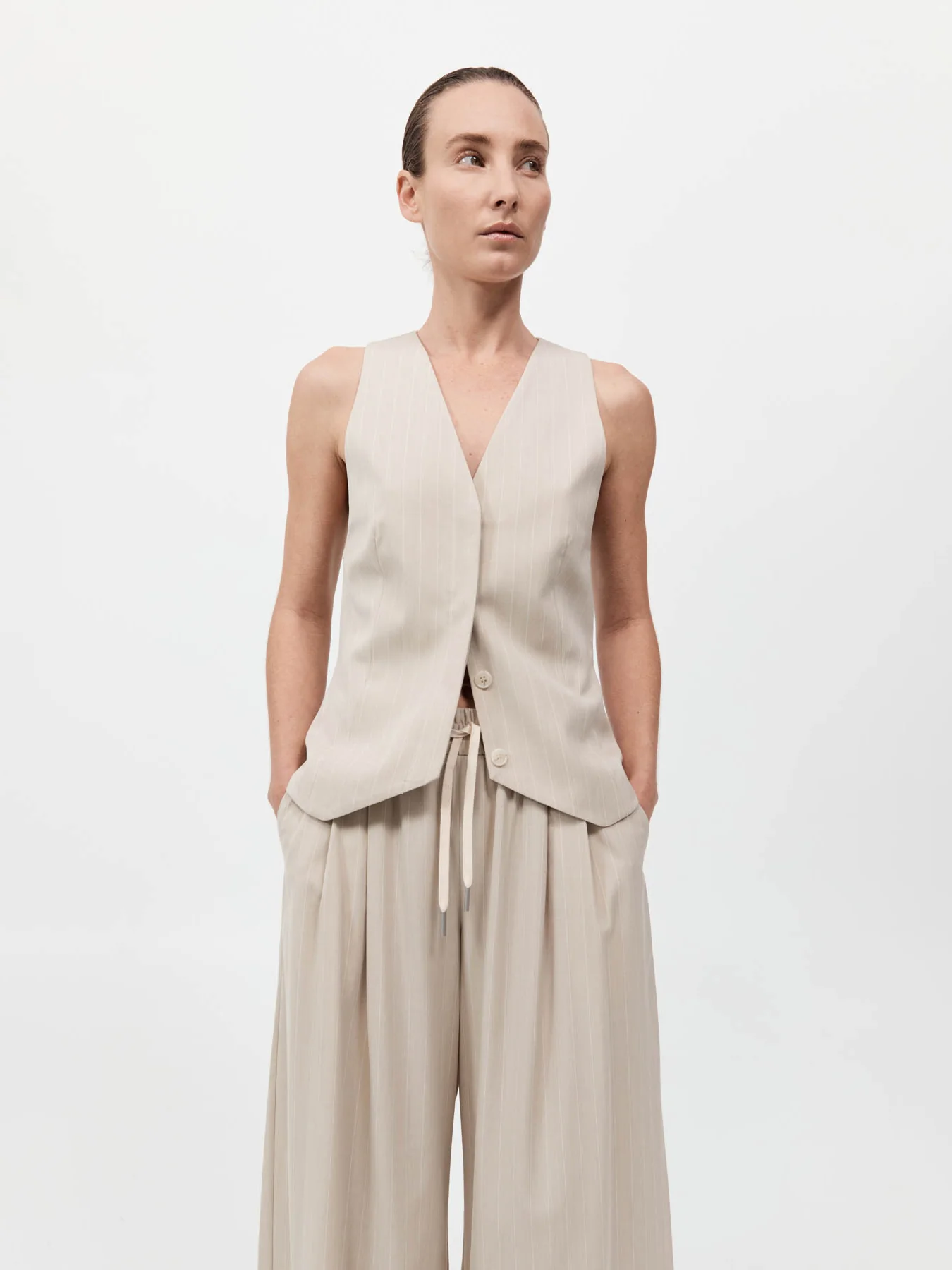 St. Agni Pinstripe Wool Vest Latte - Image 4