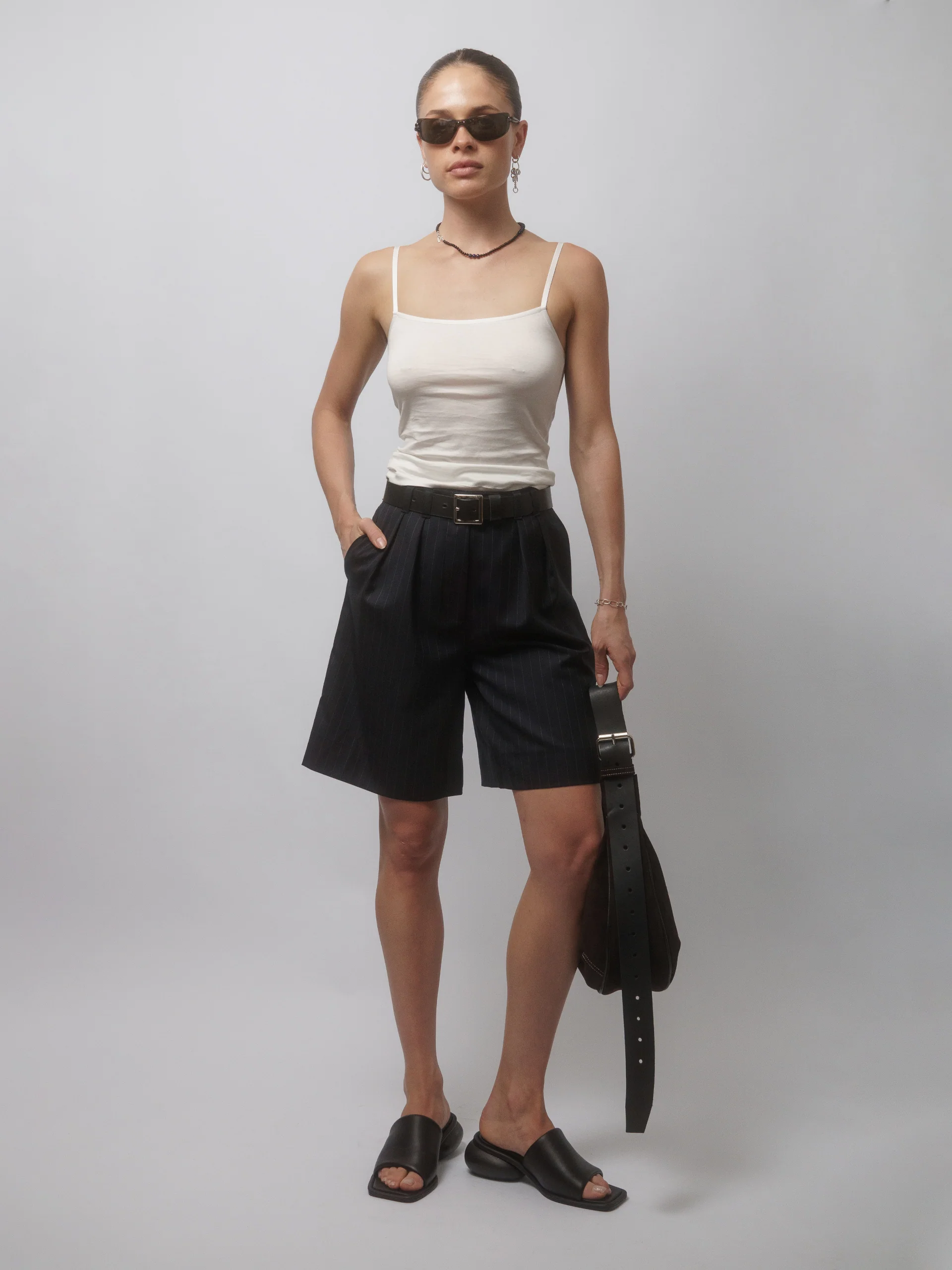 The Lair Apparel Otis Longline Tailored Short Charcoal Pinstripe - Image 4